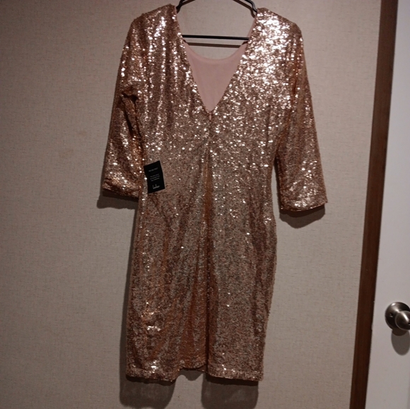 Lulus Delightful Ways Rose Gold Sequin Dress, Mini Bodycon XL Sleeve, Small - Picture 5 of 8